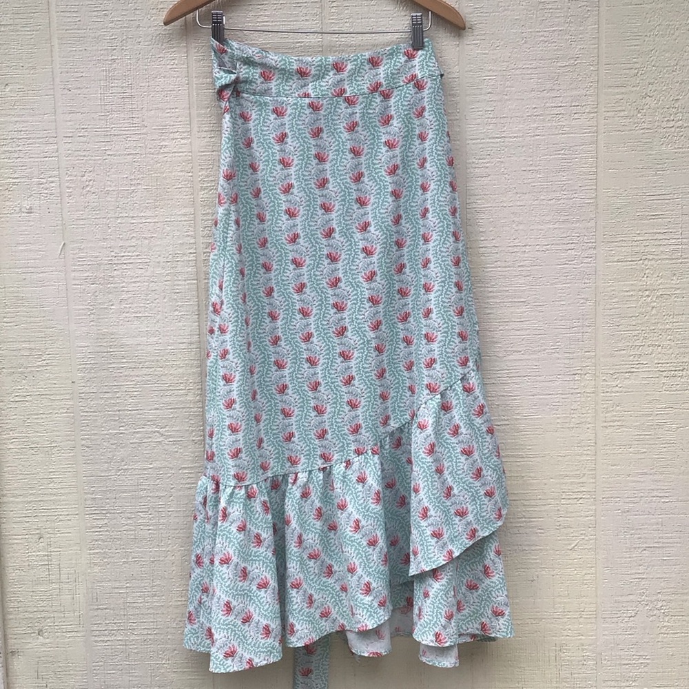 Hill House the Mirabel green trailing vine crepe ruffle wrap midi Maxi Skirt